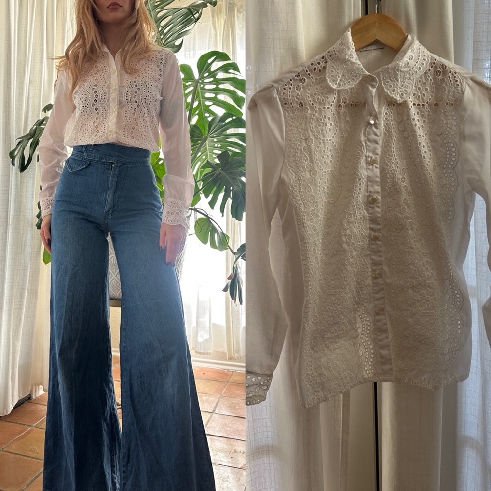 Vintage 70s boho white button up blouse